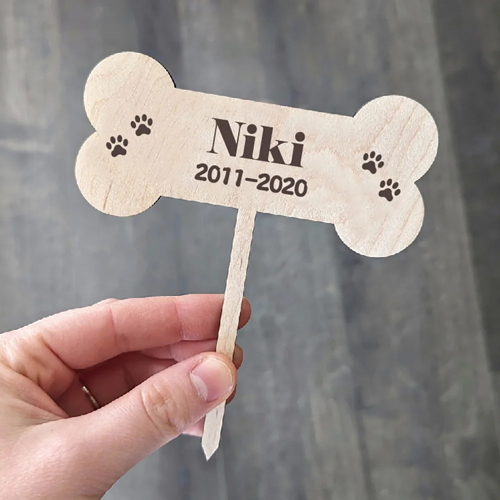 Pet Memorial Garden Stake Dog Birthday Cake Topper Personalized Dog Bone Paw with Engraved Name for Loss or Birthday