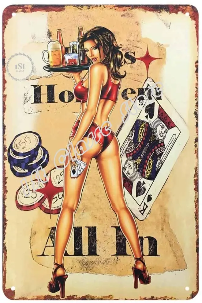 

Девушки Pinup, жестяной знак, официантка для казино с красным бикини, играйте в покер, держите винный поднос, винтажные металлические жестяные знаки