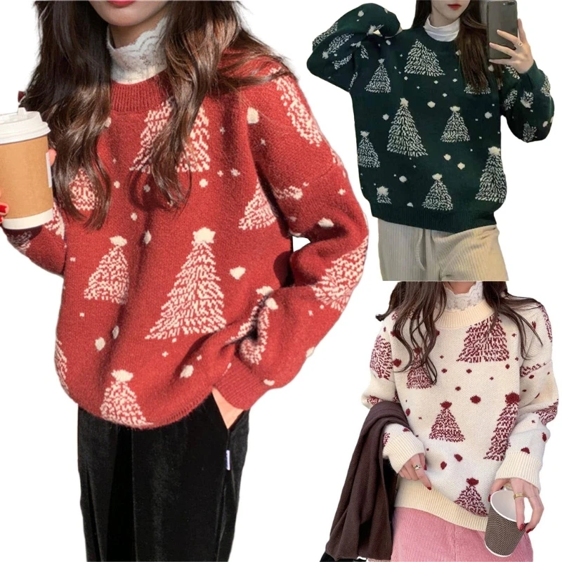 

Women Christmas Sweater Festive Snowflake Patterned Long Sleeve Sweater Female Autumn Winter Casual Loose Pullover Jumper Tops