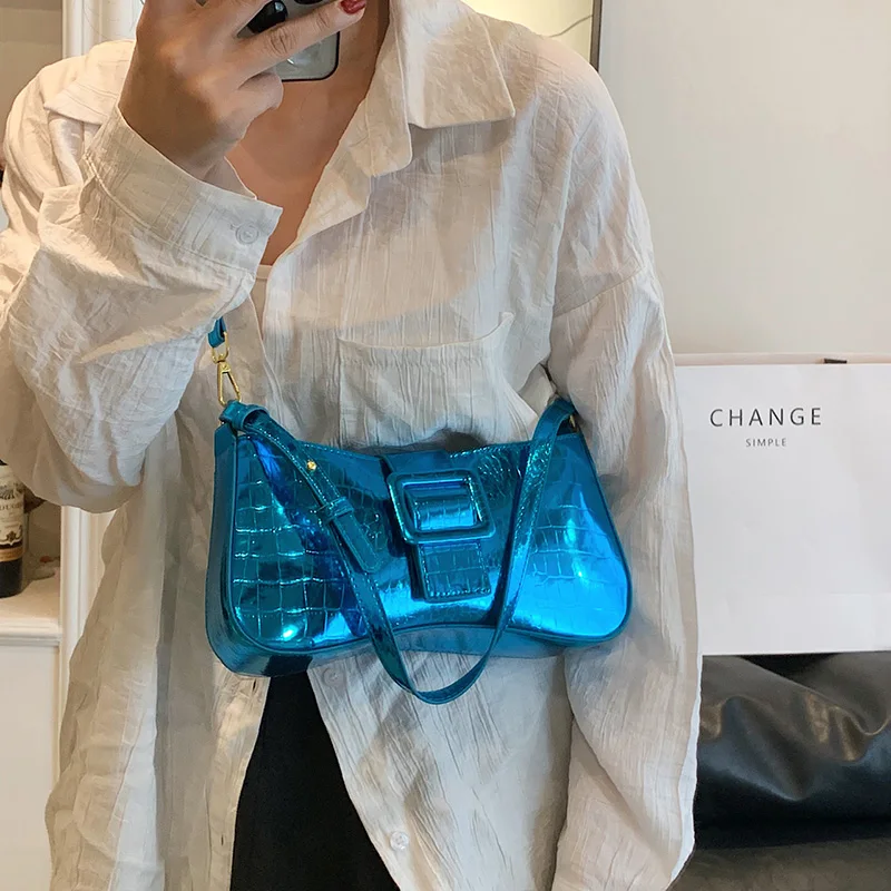 Mini Neon Blue Crocodile Embossed Square Bag