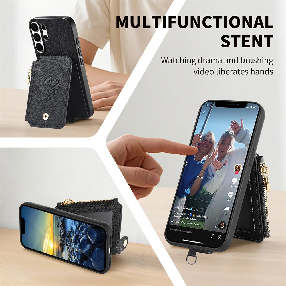 Leather Zipper Wallet Phone Case with Card Holder and Lanyard
