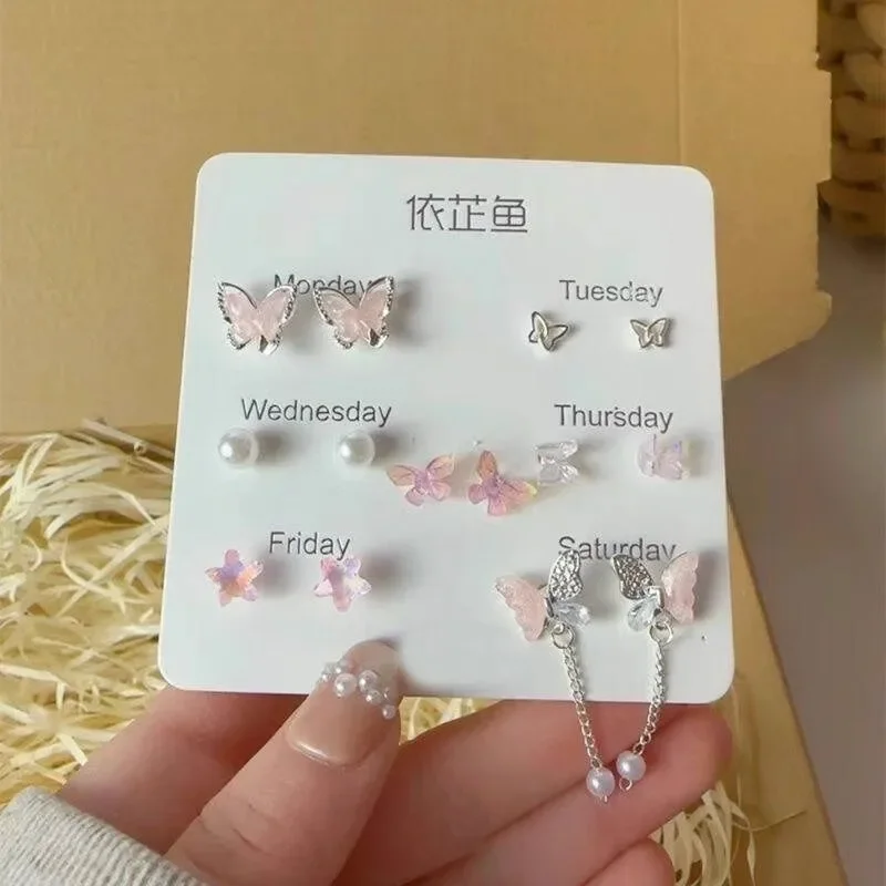 Flower Earrings Colorful Flower Butterfly Earrings Seven-piece Set for Women Fashion Personalized Daily Accessory Party Jewelry Birthday Gifts