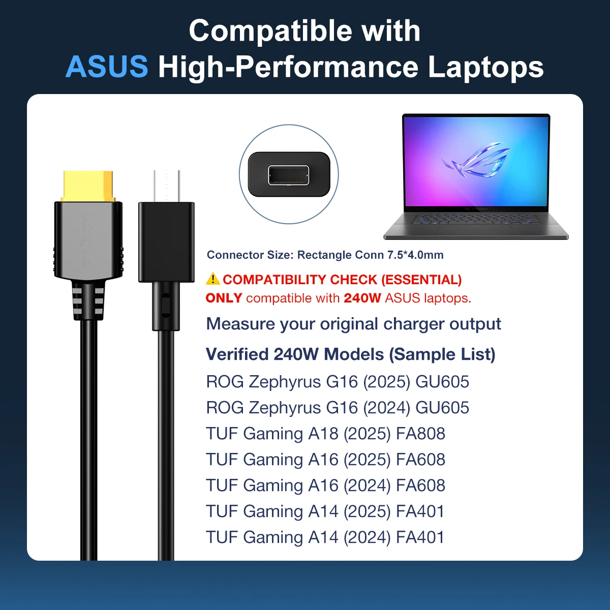 ASUS ROG Zephyrus G16 G14 GU605 GA403, TUF Gaming A16, ROG Flow Z13 ProArt PX13 P16 260W 전원 어댑터용 240W GaN 노트북 충전기