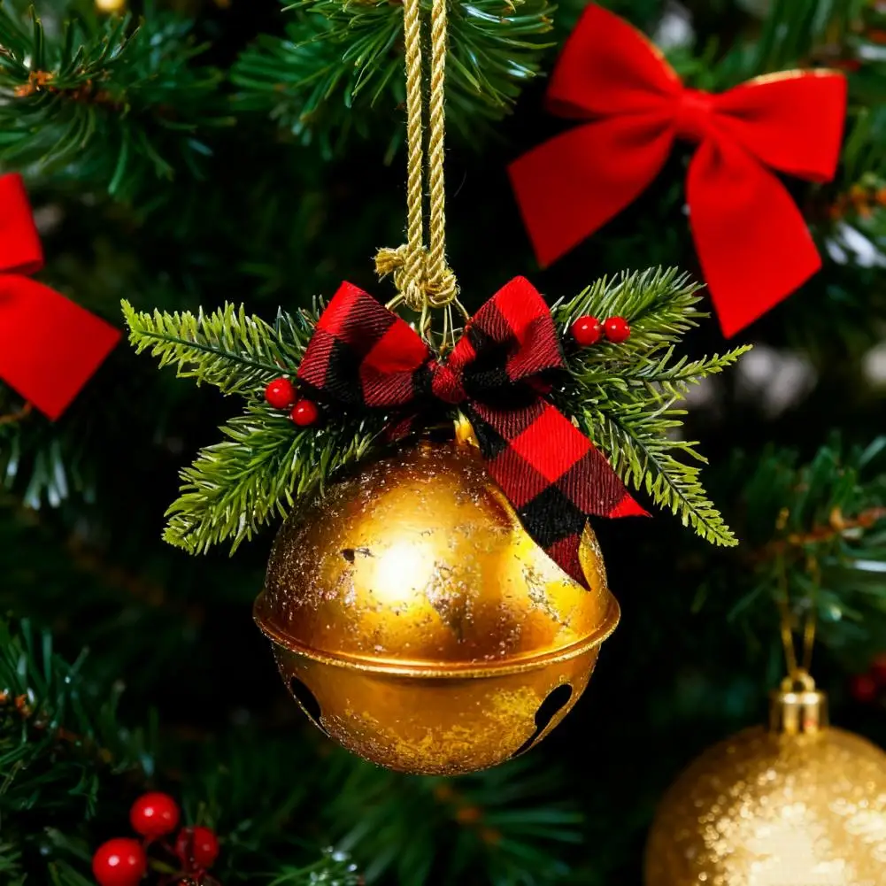 15cm Christmas Bells Ornament With Pine Needles Red Berries And Plaid Bow For DIY Holiday Door Window Tree Wreath Garland Decor