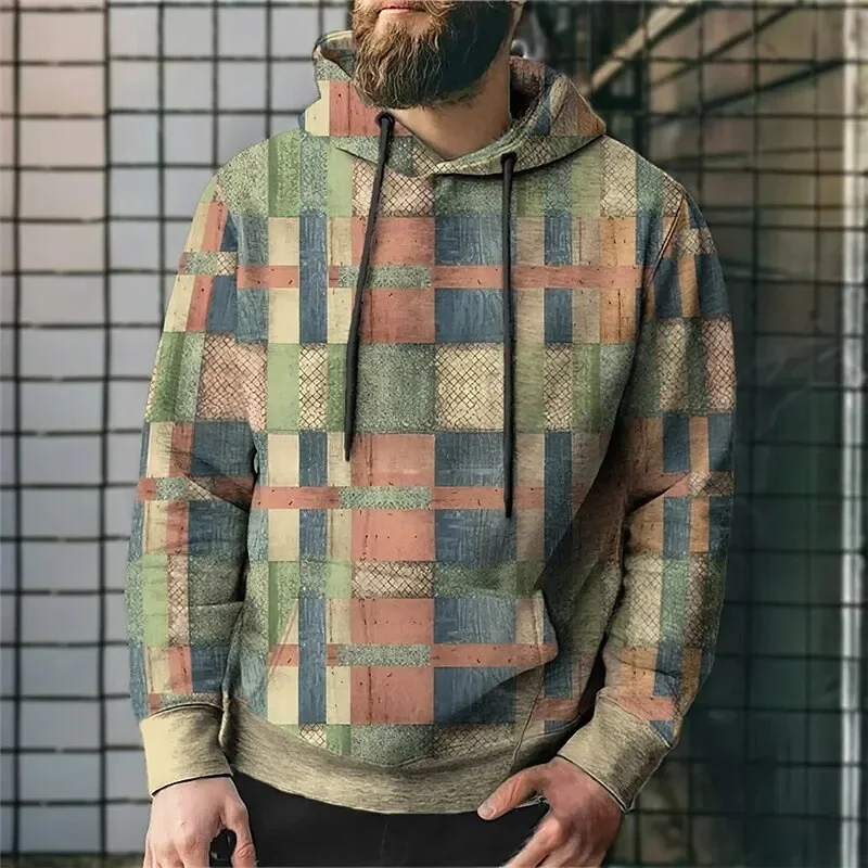 thumbnail image 1 of Sudaderas con capucha con patrón de cuadros para hombres, jerséis con estampado 3D de bloques de Color, Tops de calle Unisex, sudaderas sueltas, 1 of 5