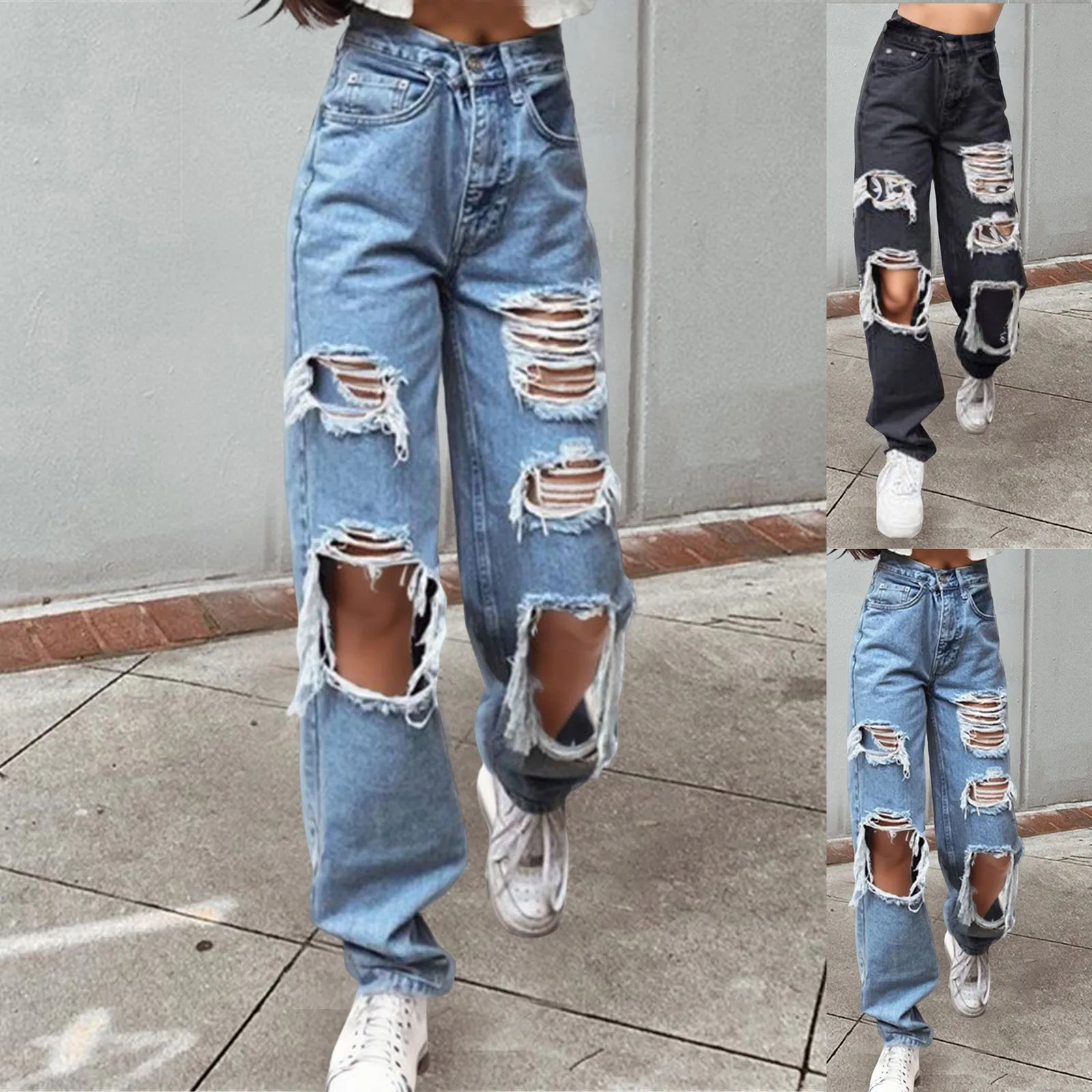 

Hollow Out Ripped Straight Jeans Women Blue Punk Baggy High Waist Mom Boyfriend Denim Hole Korean Oversize Streetwear Pants