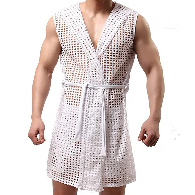 

Hollow Bathrobe Men's Fishnet Robes Hooded Sexy Mesh Fashion Men's Sexy Gown Bathrobe Top Homewear Nightwear Sleepwear Pajama