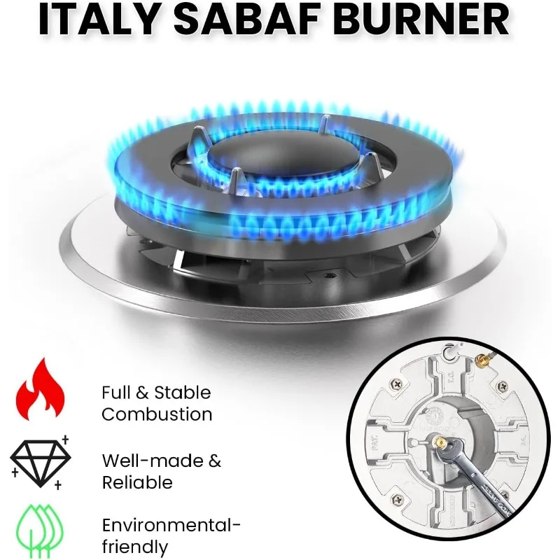 36" Built-in Gas Cooktop, 5 ITALY SABAF Sealed Burners Gas Rangetop 41,800BTU, NG/LPG Convertible, Stainless Steel 3