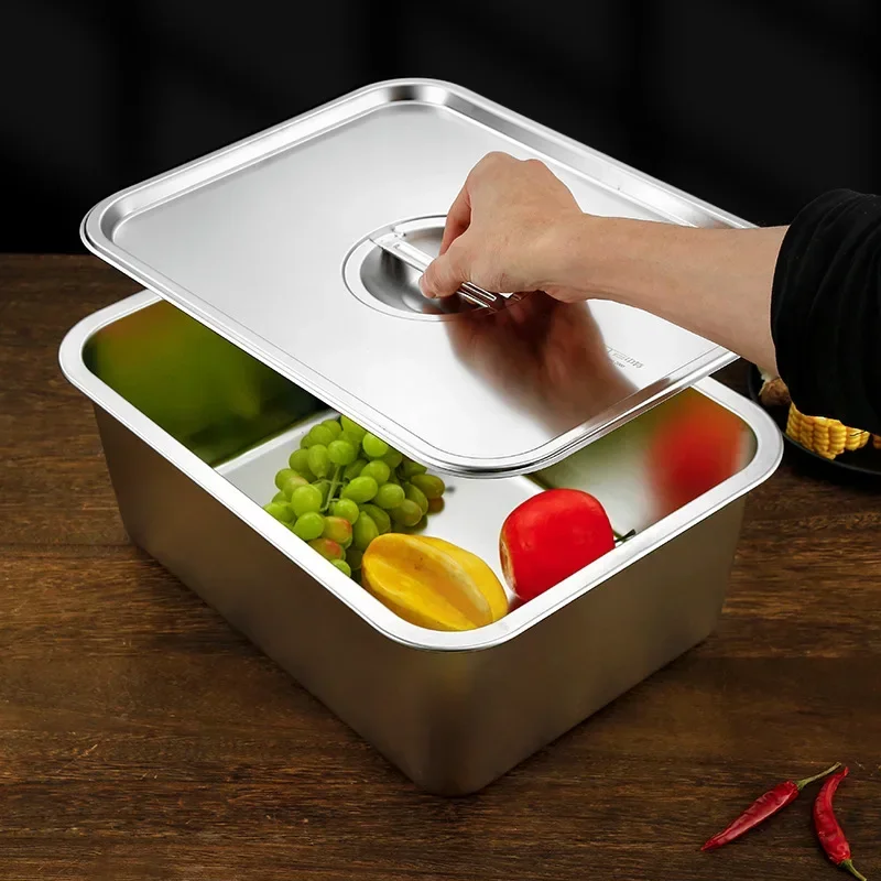 Thicken Stainless Steel Serving Tray with Lid Rectangle Metal Food Storage Plates Dish Cake Buffet Organizer Kitchen Container 2