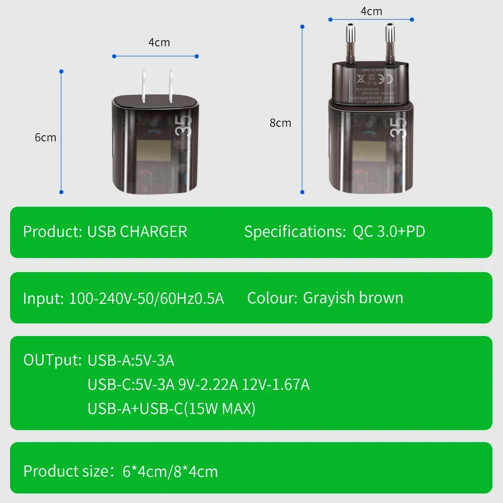 35W Transparent USB Charger Quick Charge 3.0 Fast Charging PD Type C Wall Charger For iPhone Samsung Xiaomi Mobile Phone Adapter