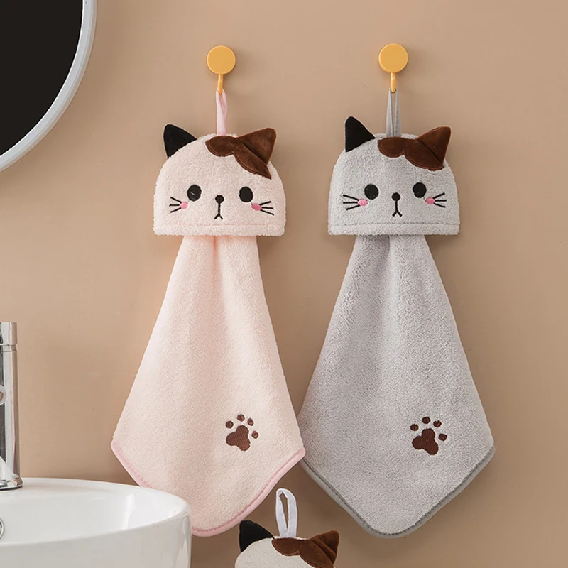 귀여운 고양이 주방 청소 수건 걸이식 핸드 타올, 흡수성 행주, 산호 벨벳, 부드러운 청소 천 헝겊