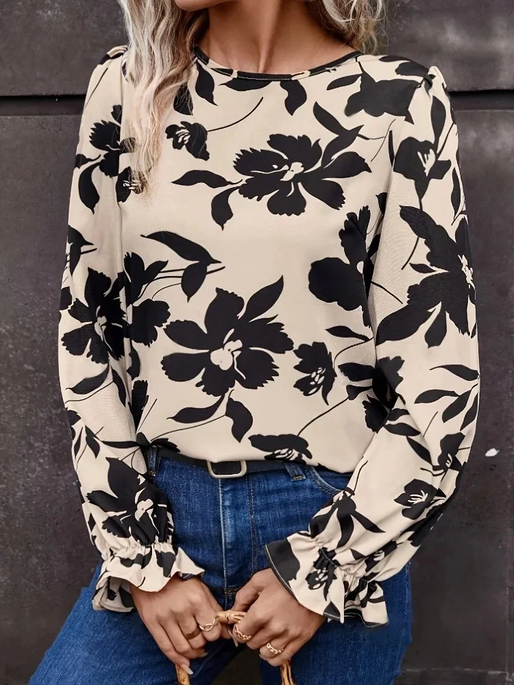 2025 New Autumn Women's Printed Petal Sleeve Long Sleeve Shirt Fashion Elegant Back Strap Bow Crew Neck Straight Casual Blouse
