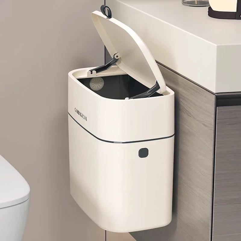 Stylish Hanging Trash Can for Household Toilets-Large Capacity, Square Design, Convenient Clamshell Lid