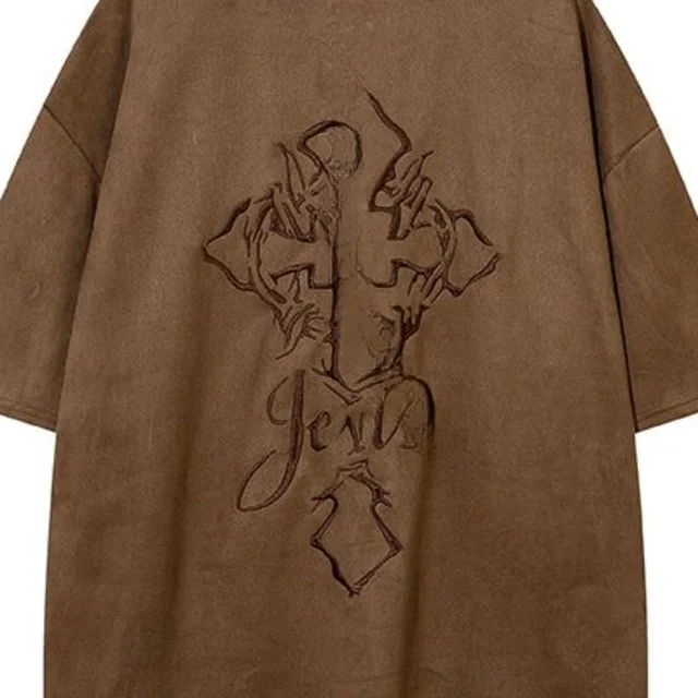 Foufurieux American Retro Suede Embroidery Short-sleeved T-shirt Men's High Street Causal Loose T-shirts Men Top Male Clothes 3