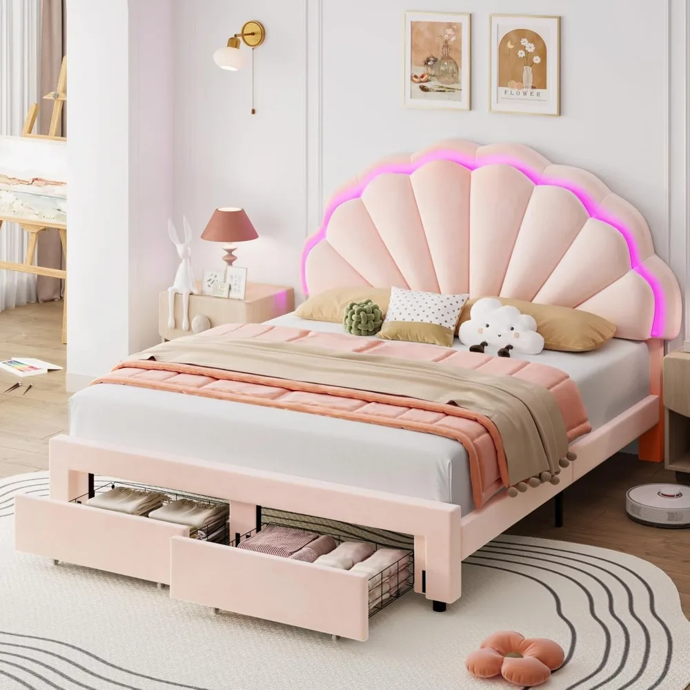 Smart LED bed frame with 2 storage drawers & adjustable chic double petal headboard with solid wood slat/no box spring needed