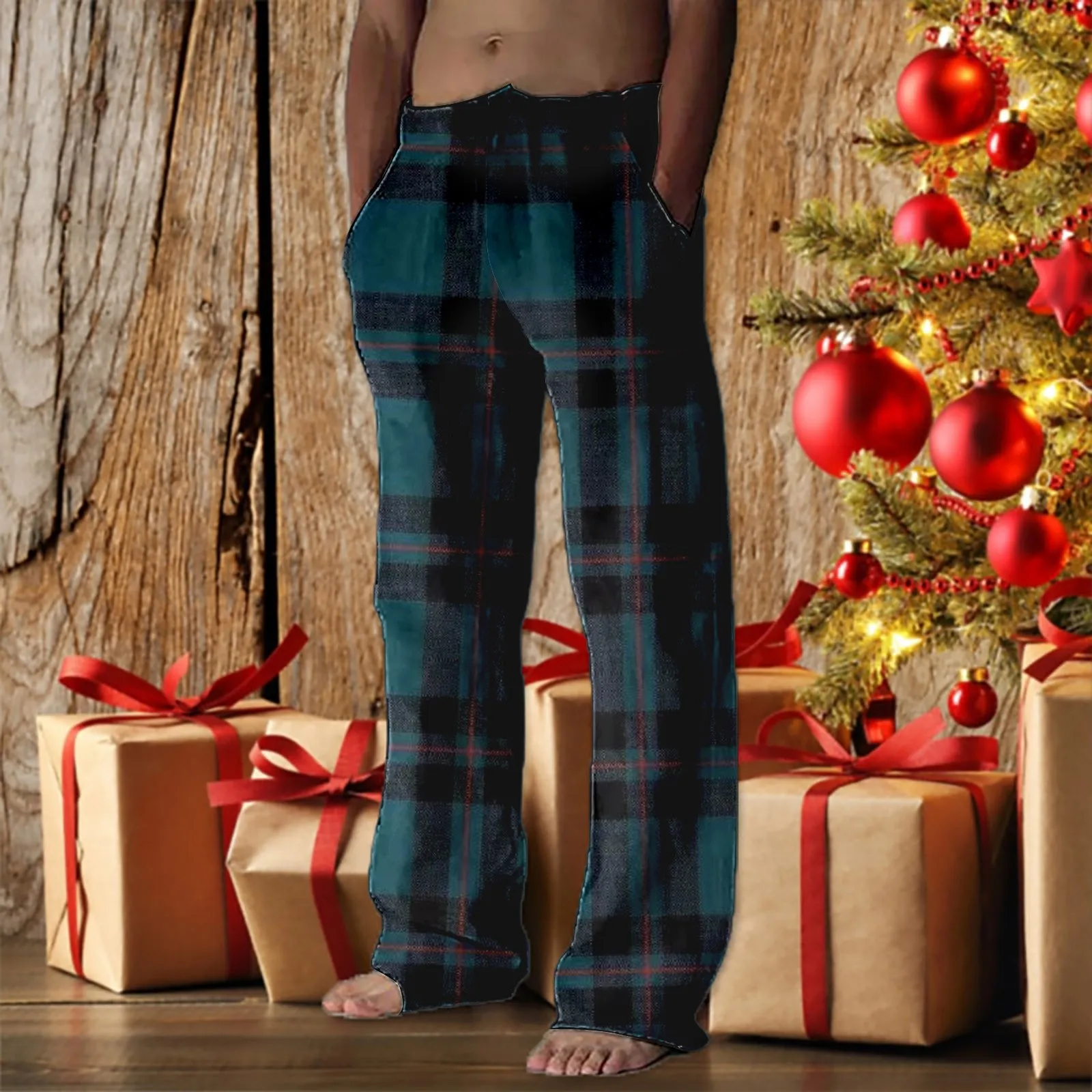 

Casual Plaid Pants Home Christmas Male Trousers Autumn snowflake Winter Bottoms Pocket Printed Celebration Holiday pantalones