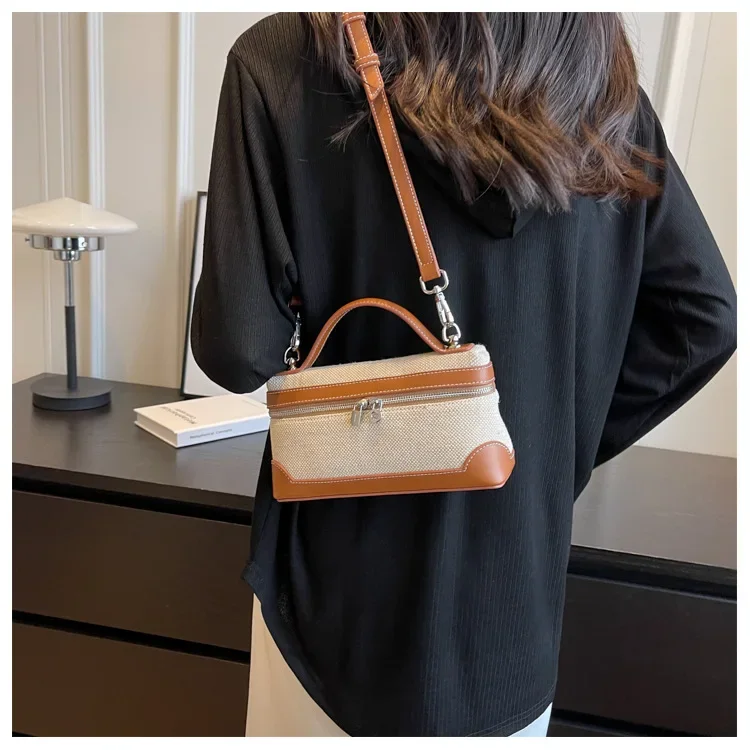 retro canvas handbag for women,women’s summer crossbody bag,contrast color casual handbag,small square canvas shoulder bag,casual women’s sling bag,retro fashion canvas purse,lightweight canvas handbag