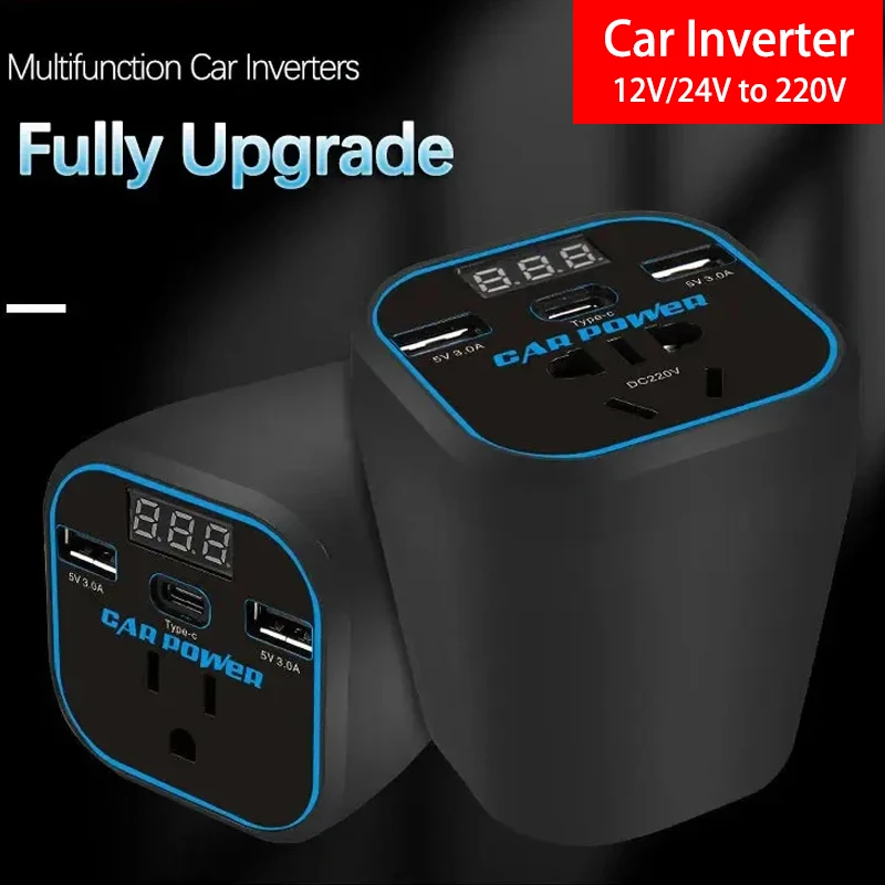 Car Inverter DC 12V/24V to AC 220V Socket Power Inverter LED Display Multifunctional Convert Adaptor 3.1A Fast Charging