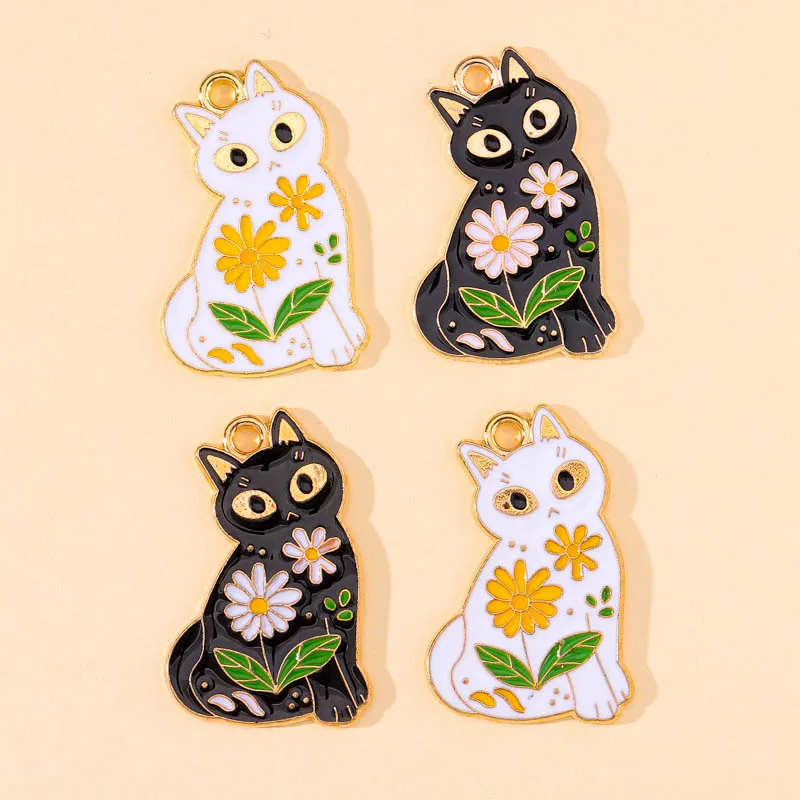 12Pcs Emaille Tier Charms Daisy Blume Schwarz Und Weiß Katze Anhänger DIY Schmuck Machen für Halskette Ohrring Zubehör Liefert – Detail 9