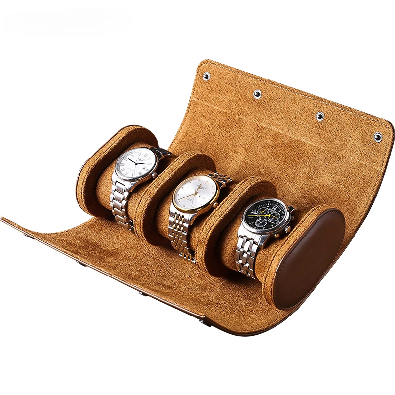 3-Slot Watch Roll Travel Case Vintage Leather Watch Storage Organizer