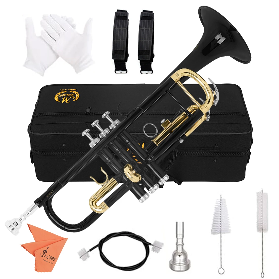 

Black Bb Standard Trumpet Set Brass Student Beginners Trumpet Instruments with Box 7C Blowing Nozzle Gloves Cleaning Kit