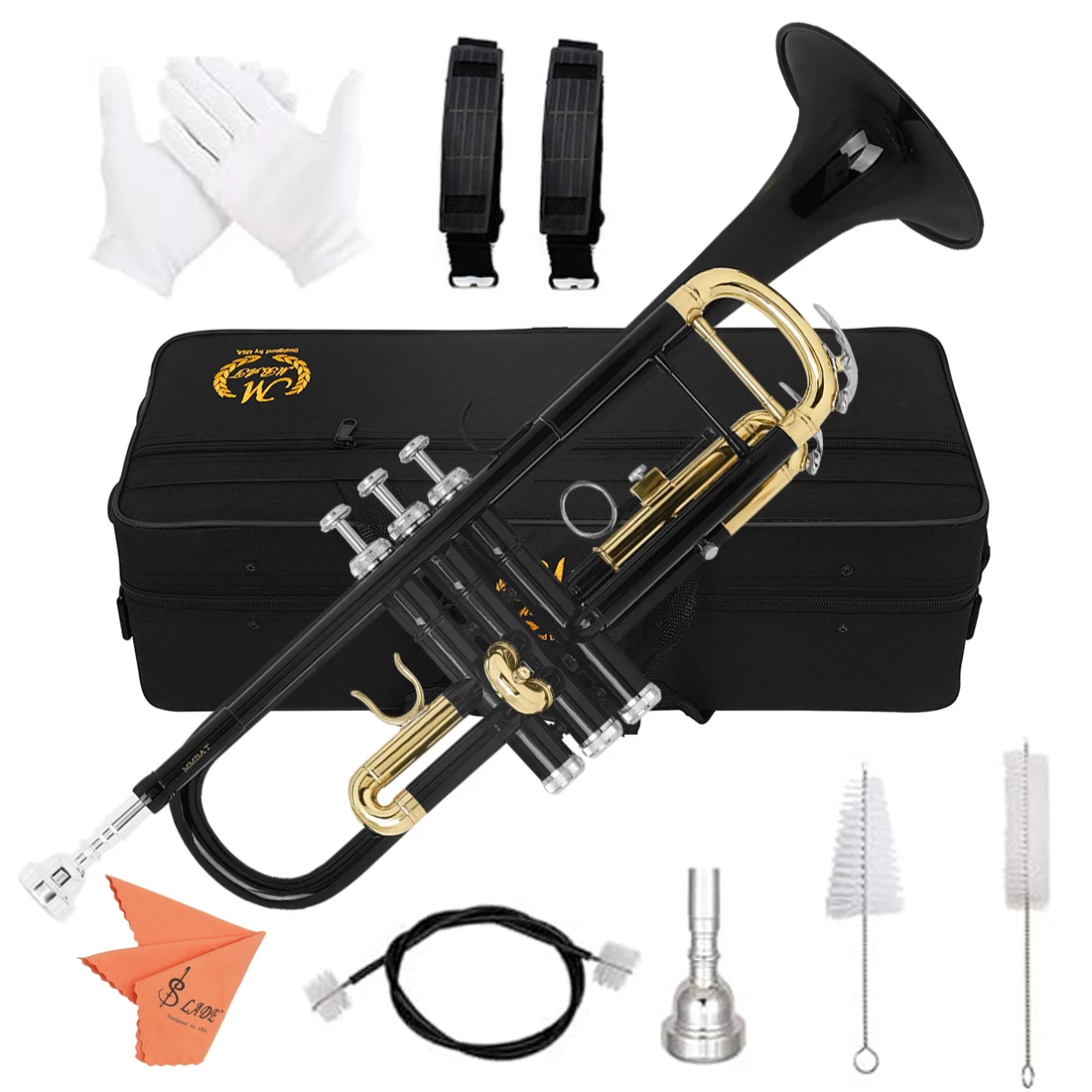 Black Bb Standard Trumpet Set Brass Student Beginners Trumpet Instruments with Box 7C Blowing Nozzle Gloves Cleaning Kit