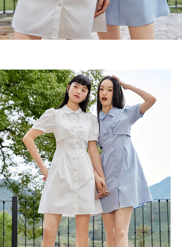 Dress Women Puff Sleeves Sweet Gentle Summer New Temperament Solid Color Exquisite Shirt Dress