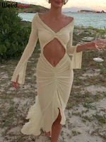 Weird Puss Sexy Sheer Women Dress Elegant Hollow V-Neck Splits Long Sleeves Ruffles Lace Ruched Bodycon Beach Vacation Clubwear