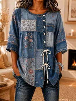 Women's Denim Patchwork Floral Print Drawstring Button Up Blouse, Casual Round Neck Tops for Spring Summer Daily Vacation Wear