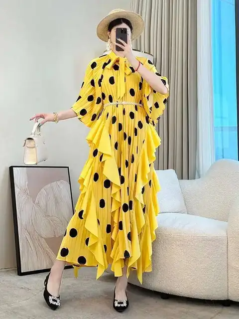 LANMREM Trendy Deisng Batwing Sleeve Women's Pleated Dress 2025 New Summer Chic Dot Printting Ruffled Panelling‌ Dresses 2DB2989