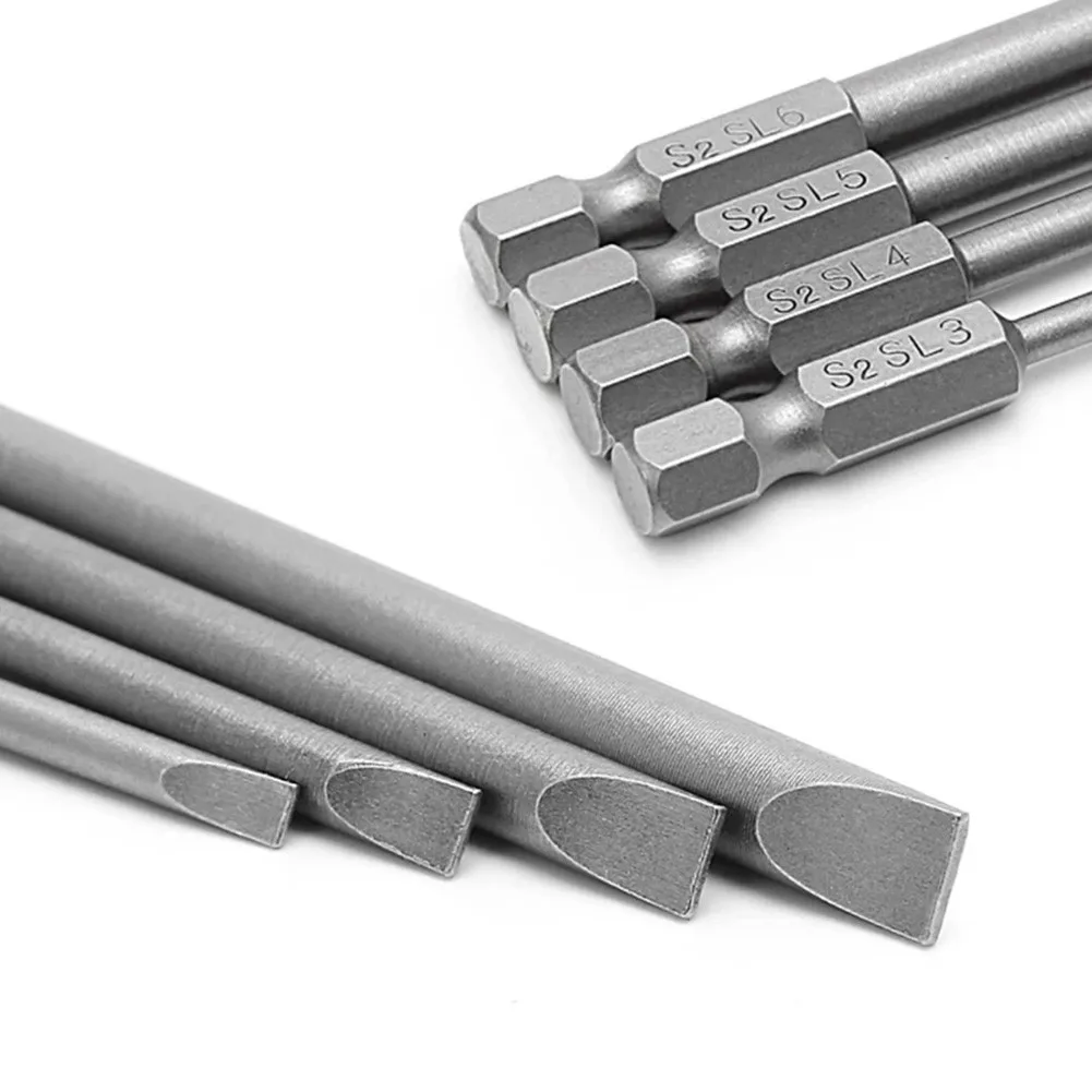 육각 생크 플랫 헤드 윈드 드라이버 드릴 렌치 마그네틱 소켓, 100mm 슬롯 드라이버 비트, 1/4 인치, SL3.0, SL4.0, SL5.0, SL6.0, 4 개