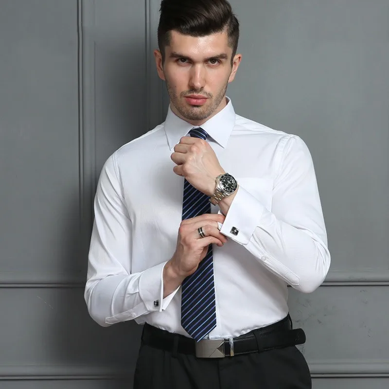 Men's Classic French Cuffs Solid Dress Shirts Placket Formal  Men Long Sleeve Shirts Slim Fit Quality French Cuffs Shirt
