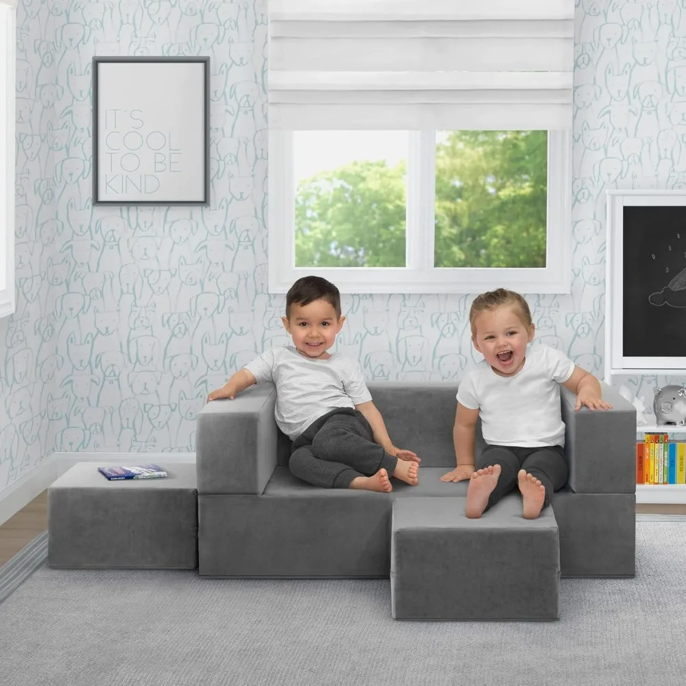 Convertible Sofa and Play Set for Kids and Toddlers Modular Foam Couch and Flip Out Lounger with 2 Ottomans 2