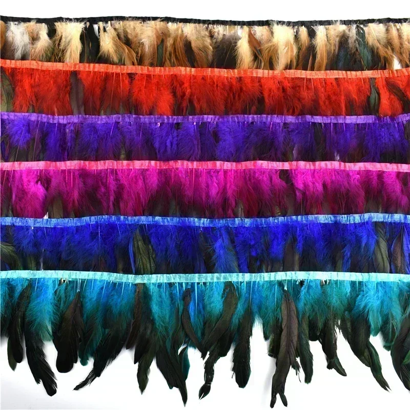 Nastro Decorativo con Frange di Piume di Gallo Colorate, Piume di Pollo Nero, Nastro di Piume di Fagiano per Cucito, Accessori per Abbigliamento e Decorazioni - immagine 2
