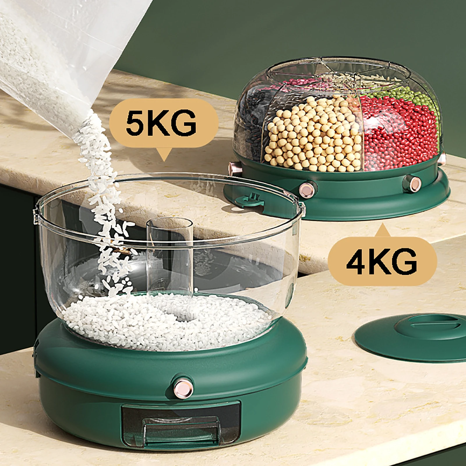 

4/9KG Rotatable Rice Bucket Grains Rice Storage Box 6 Compartments Household Insect-proof Moisture-proof Sealed Rice Storage Box