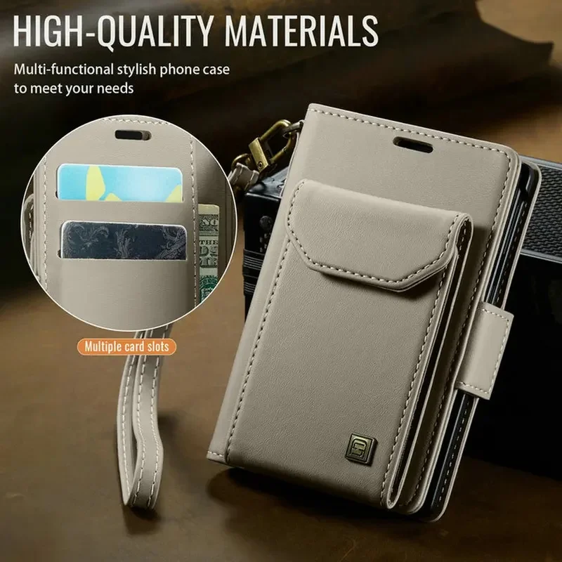 Leather Flip Wallet Case with Lanyard Strap for Foldable Phones - Shockproof Protective Cover