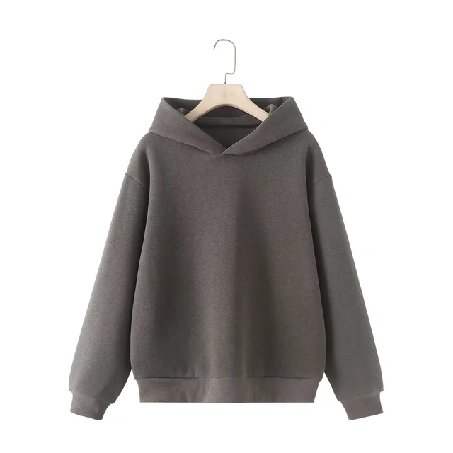 TRAFZA Women Solid Casual Sweatshirt Pant Suit Long Sleeve Hooded Fleece Pullover Coat Loose Straight Trousers Office Lady Sets 8
