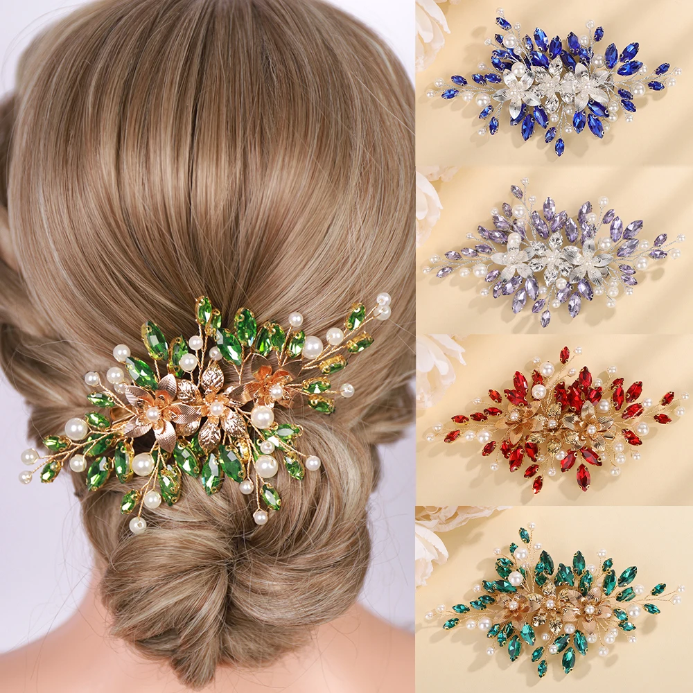 Rhinestone Flower Hair Clip 15Color for Women Wedding Hair Accessories Pearl Handmade Bridal Bride Headpiece Party Hairpin Tiara