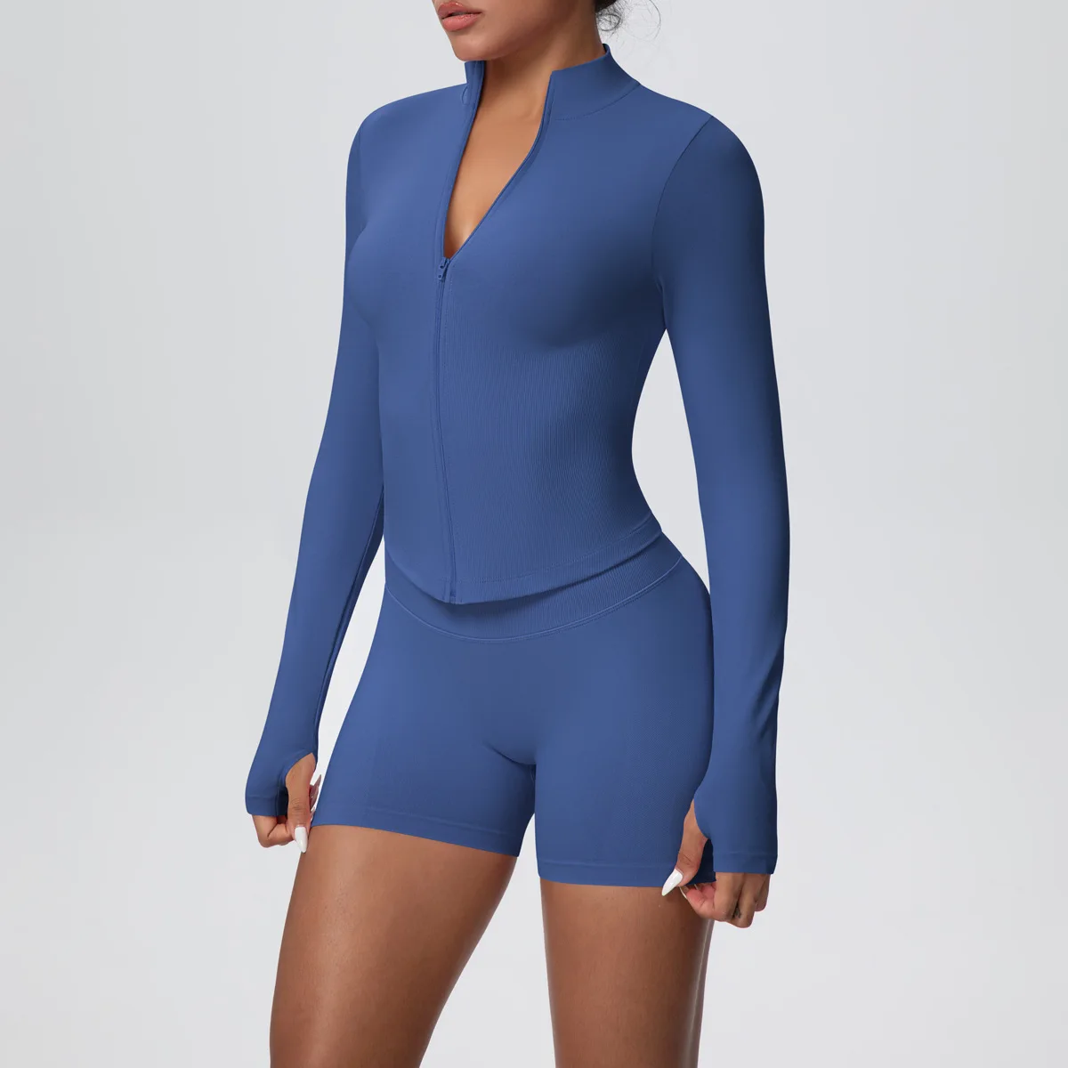 Women Gym Set - Seamless Yoga Suit With Zip Shirt & Cycling Shorts Activewear