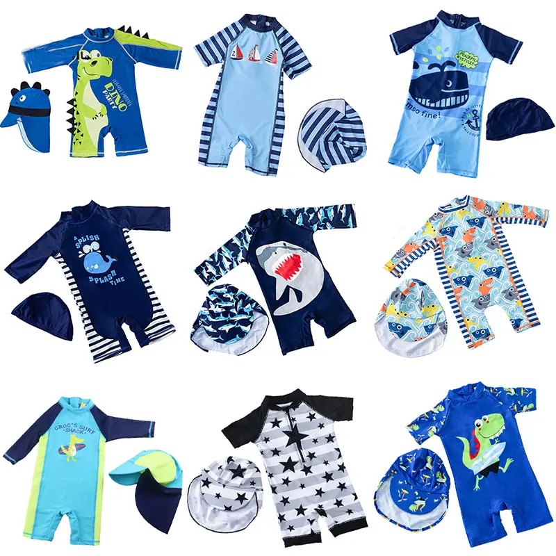 Kids Swimsuits Baby Boy Swimwear One Piece with Hat Children's Swimsuit with UV Protection Shark Print Swimming Bathing Suit for Kids Boys