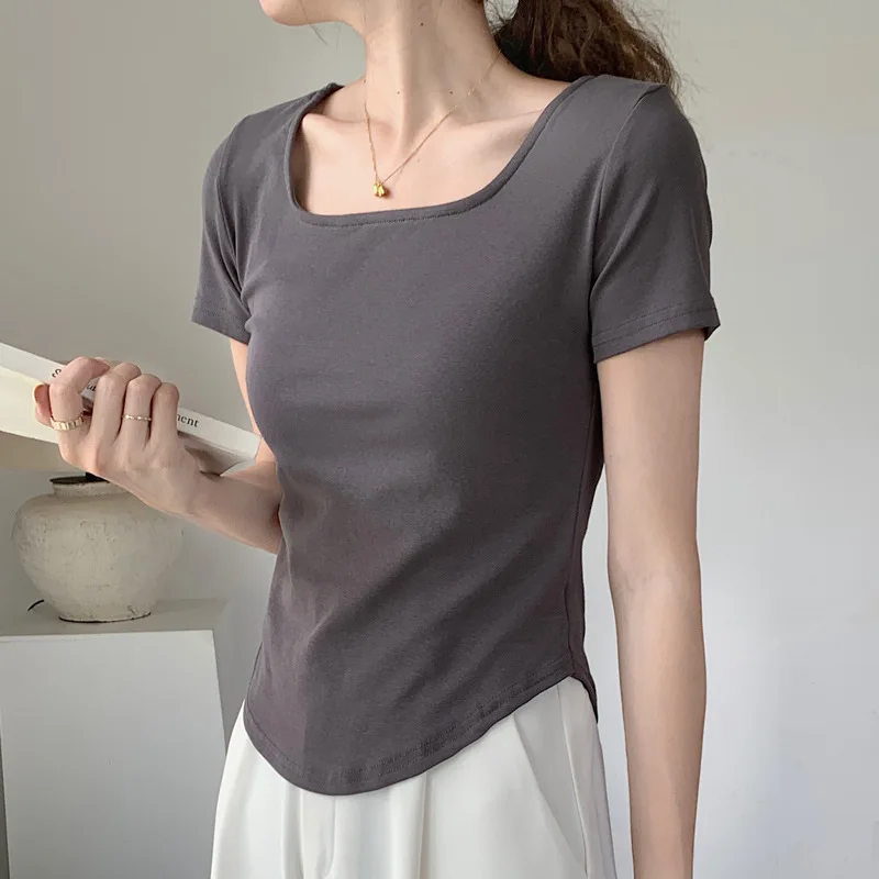 Women's Summer Cotton Short-Sleeve Curved Hem Slim Fit U-Neck Tee