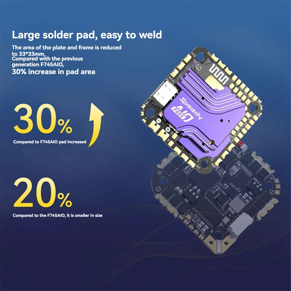 Détail des composants du contrôleur de vol SpeedyBee F405 AIO 40A BlueJay pour drones FPV, montrant les régulateurs et le gyroscope.