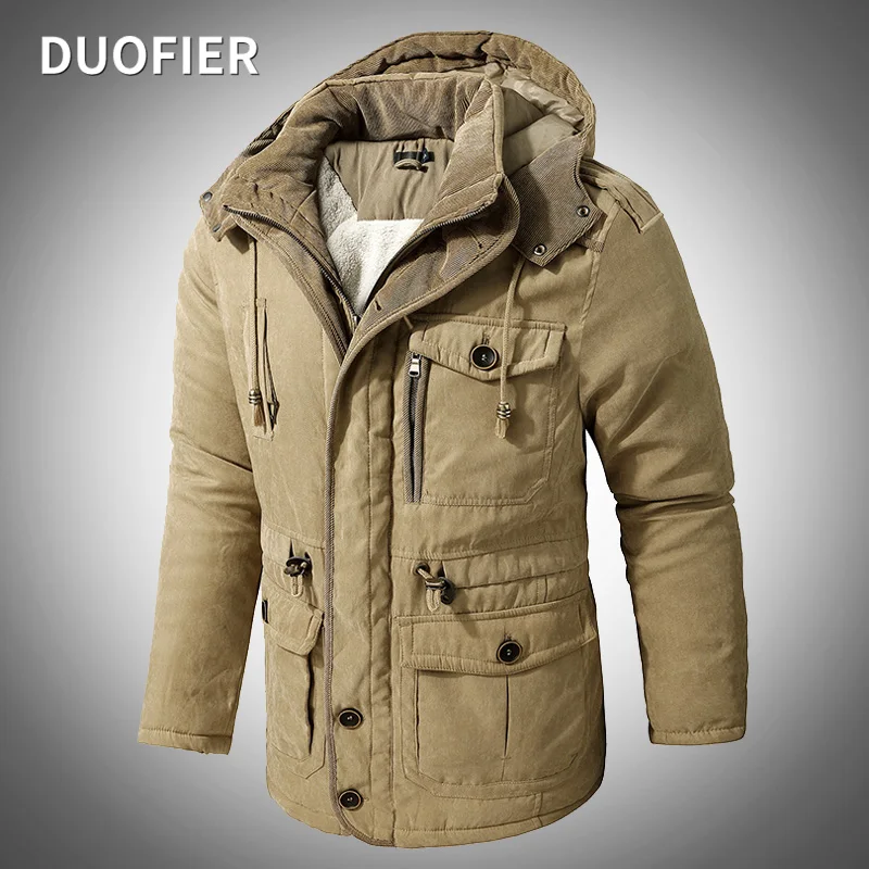 Man Fashion Jacket Khaki Long Hooded Thick Winter Warm Coats Zipper Top