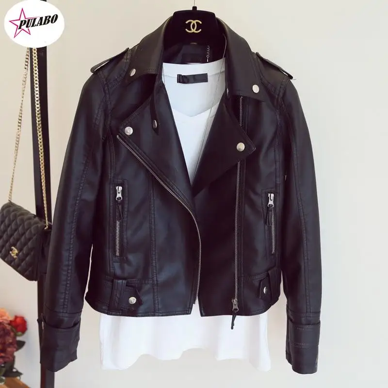 

Women Autumn Leather Jacket Moto Biker Motocycle Female Outwear Classical Faux Leather Coat Black Turn-down Collar