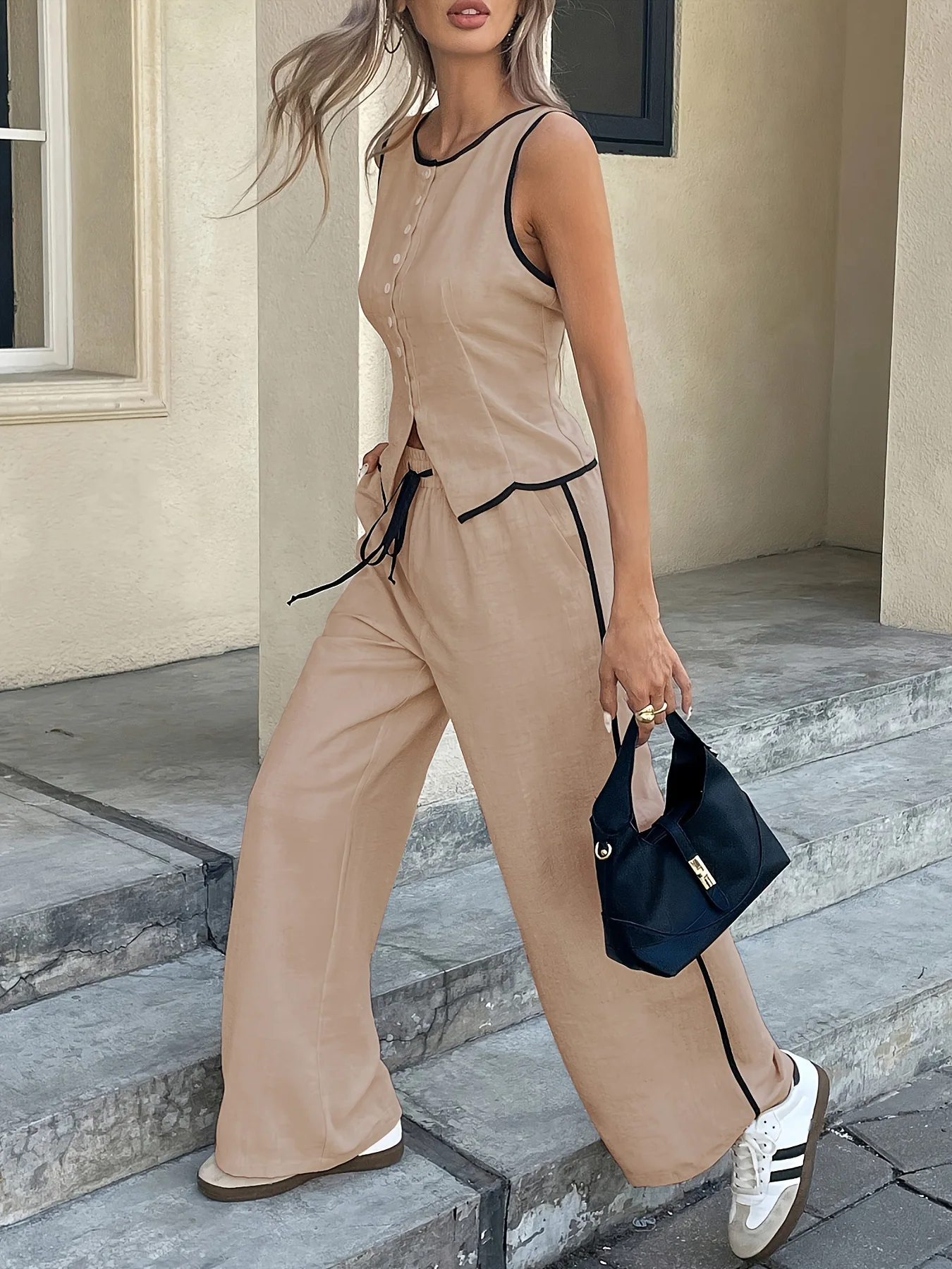 Women's Two-Piece Set, Colorblock Sleeveless Vest and Drawstring Pants, Summer Fashion Casual, Ladies' Comfortable Clothing 1