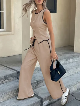 Women's Two-Piece Set, Colorblock Sleeveless Vest and Drawstring Pants, Summer Fashion Casual, Ladies' Comfortable Clothing 1
