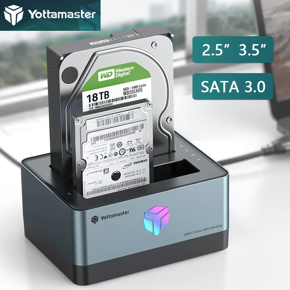 

Yottamaster 2.5 3.5 inch SATA Hard Drive Docking Station 2 Bay Offline Clone HDD SSD USB C 3.0 Enclosure Dual Disk HD House Box