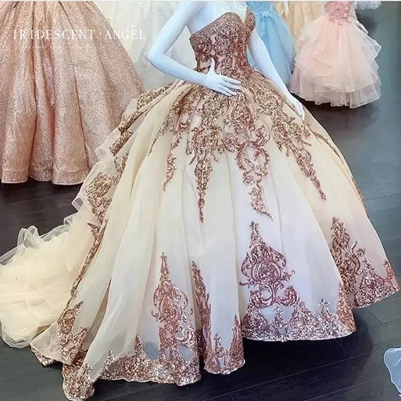 

IRIDESCENT Sweetheart Sweet 16 Fashion Applique Court Train Quinceanera Dresses Formal Wedding Cinderella Birthday Party Gowns