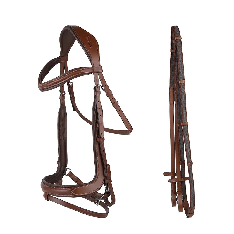 cavassion ergonomic curved cavesson bridle with rubber anti-slip reins horse back riding