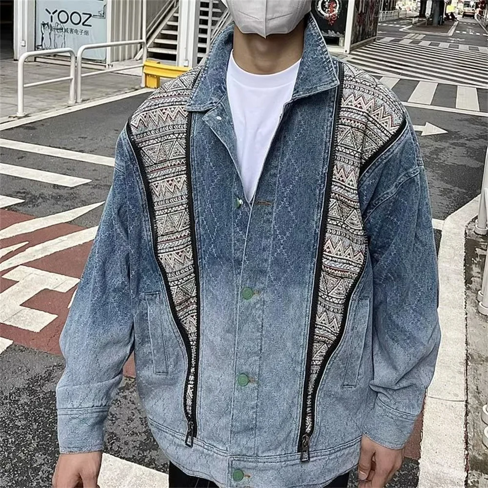American street men's fashion new personalized zipper splicing long sleeved denim jacket for couples casual loose jacket
